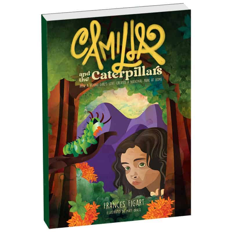 Vibrant illustration of a young girl and a caterpillar in a lush forest setting with mountains in the background, promoting nature and conservation themes from the Homegrown National Park store.