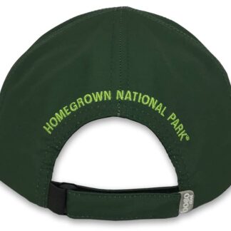 HOMEGROWN NATIONAL PARK embroidered on back of green cap, eco-friendly adjustable hat, outdoor hat, park merchandise, sustainable apparel, outdoor enthusiast gear, park supporter merchandise.