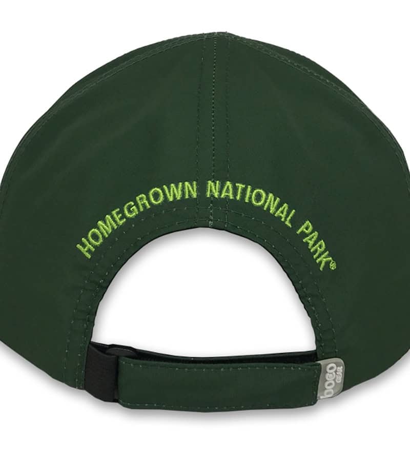 HOMEGROWN NATIONAL PARK embroidered on back of green cap, eco-friendly adjustable hat, outdoor hat, park merchandise, sustainable apparel, outdoor enthusiast gear, park supporter merchandise.