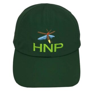 Dragonfly embroidered patch with HNP lettering on dark green baseball cap, representing Homegrown National Park merchandise and conservation efforts, eco-friendly apparel accessory.