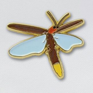 Bright enamel bee pin with gold accents, featuring blue wings, brown body, and orange head, perfect for nature lovers and eco-conscious fashion statements.