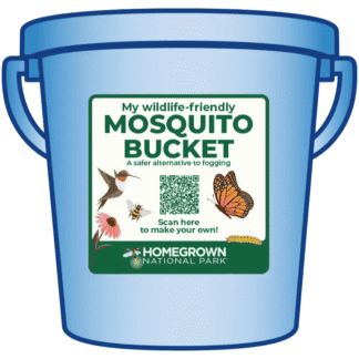 Colorful blue mosquito bucket with a wildlife-friendly label promoting a safer alternative to fogging, featuring images of a hummingbird, bee, butterfly, and caterpillar to support ecosystem health and conservation efforts.