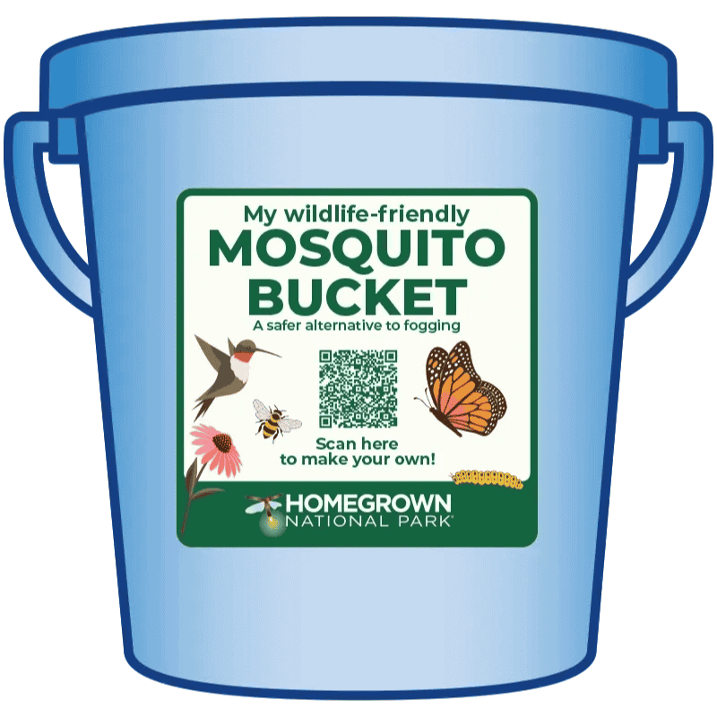 Colorful blue mosquito bucket with a wildlife-friendly label promoting a safer alternative to fogging, featuring images of a hummingbird, bee, butterfly, and caterpillar to support ecosystem health and conservation efforts.