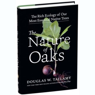The Nature of Oaks book cover featuring a young oak seedling with roots on a black background.