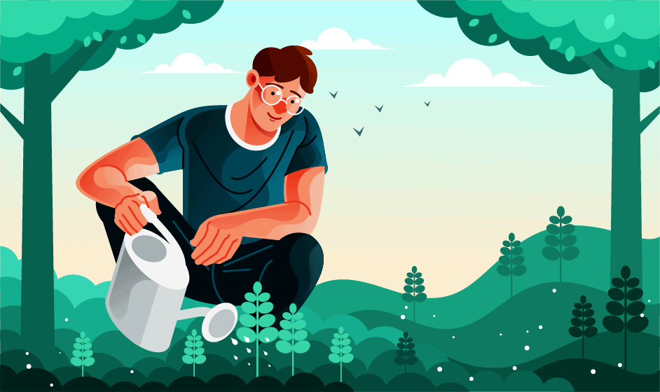 Watering plants in a lush green forest during daytime, promoting conservation and natural preservation efforts.